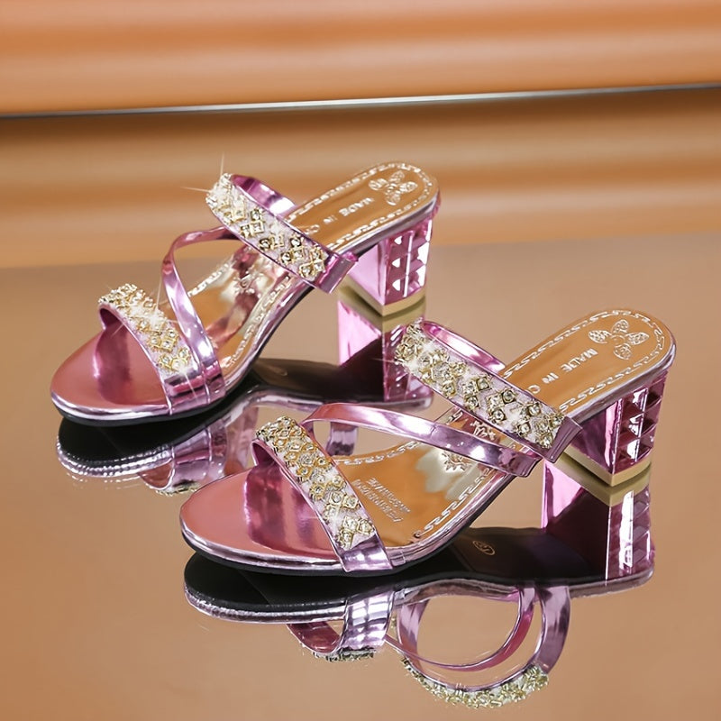 Women's Rhinestone Sandals with Block Heel and Glitter Slides for Summer