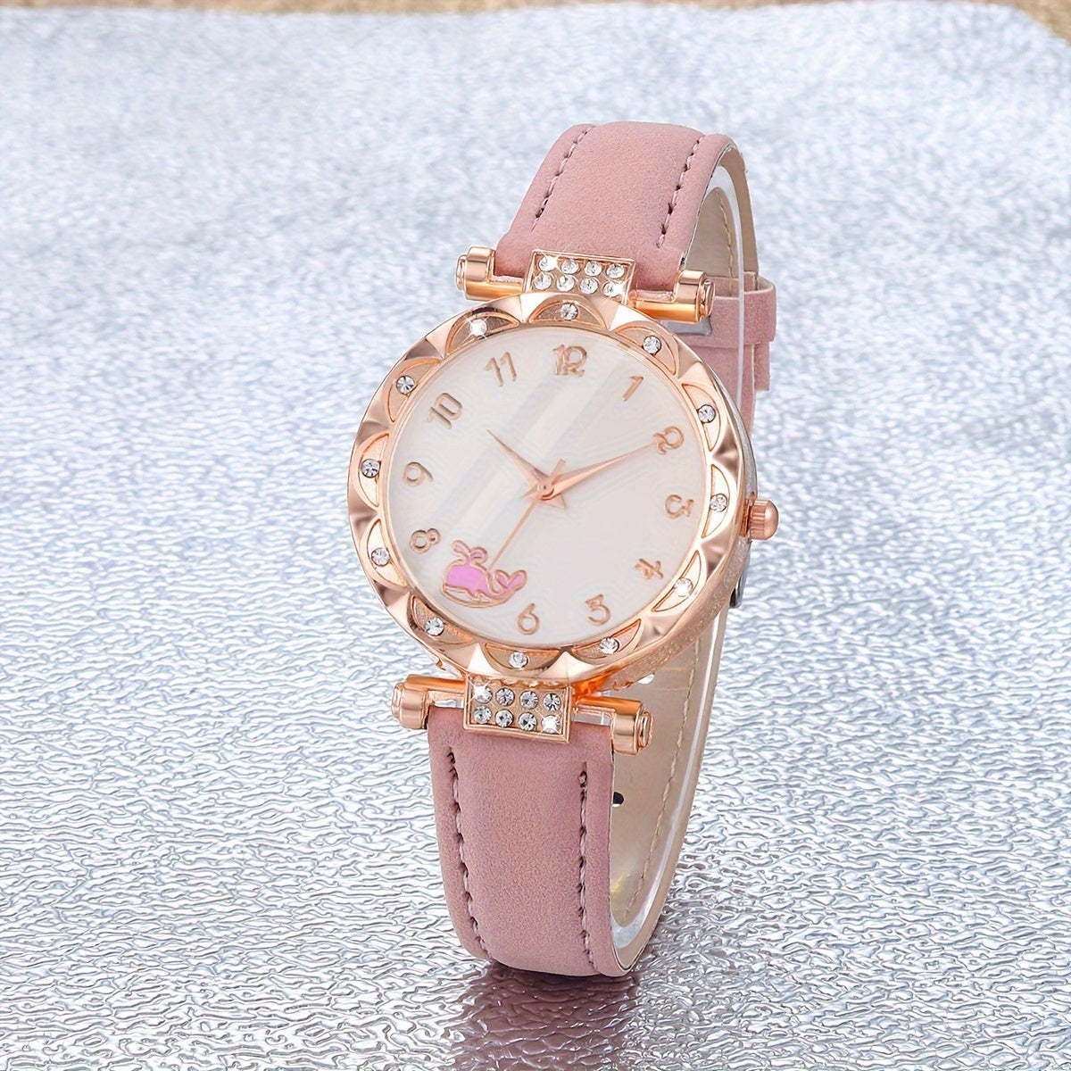 6 ta ayollar moda soatlari va zargarlik buyumlari to'plami, pushti faux charm, rhinestone aksessuarlar