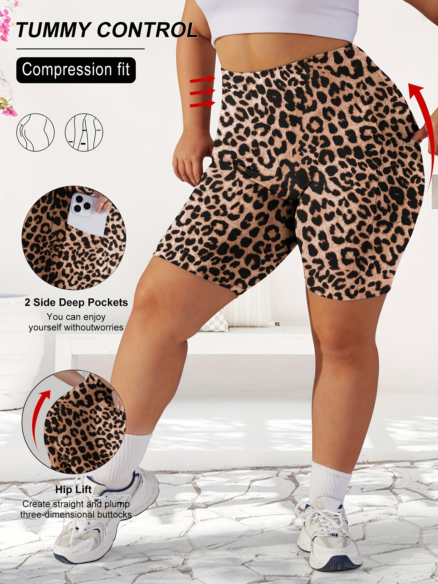 Shorts de mujer de talla grande con cintura alta y estampado de leopardo, elásticos y no transparentes