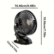 Black Portable Clip-On Fan with 360° Rotation, 5 Speeds, Battery Operated