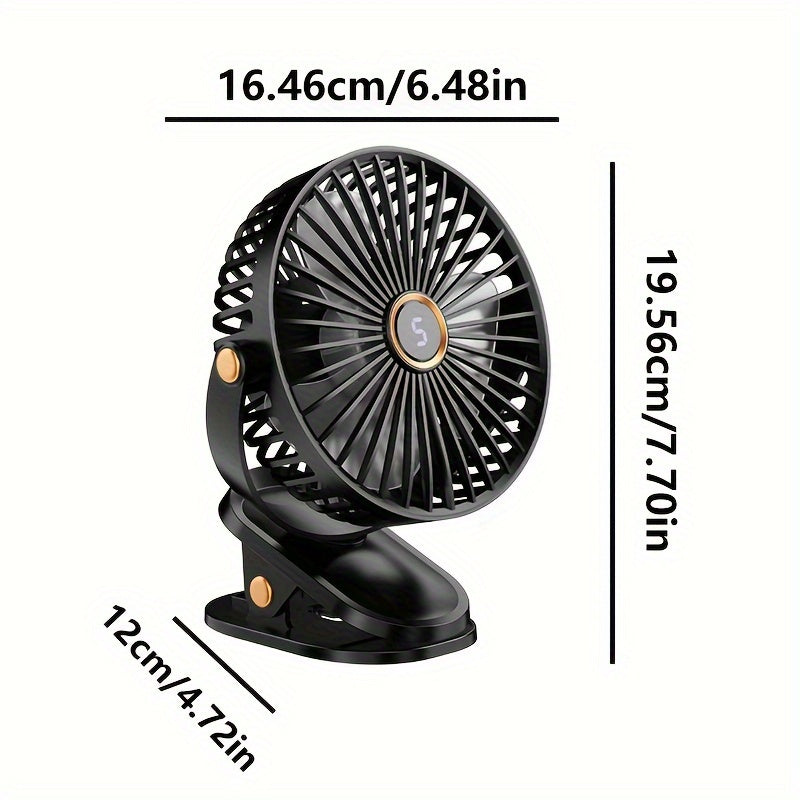 Black Portable Clip-On Fan with 360° Rotation, 5 Speeds, Battery Operated