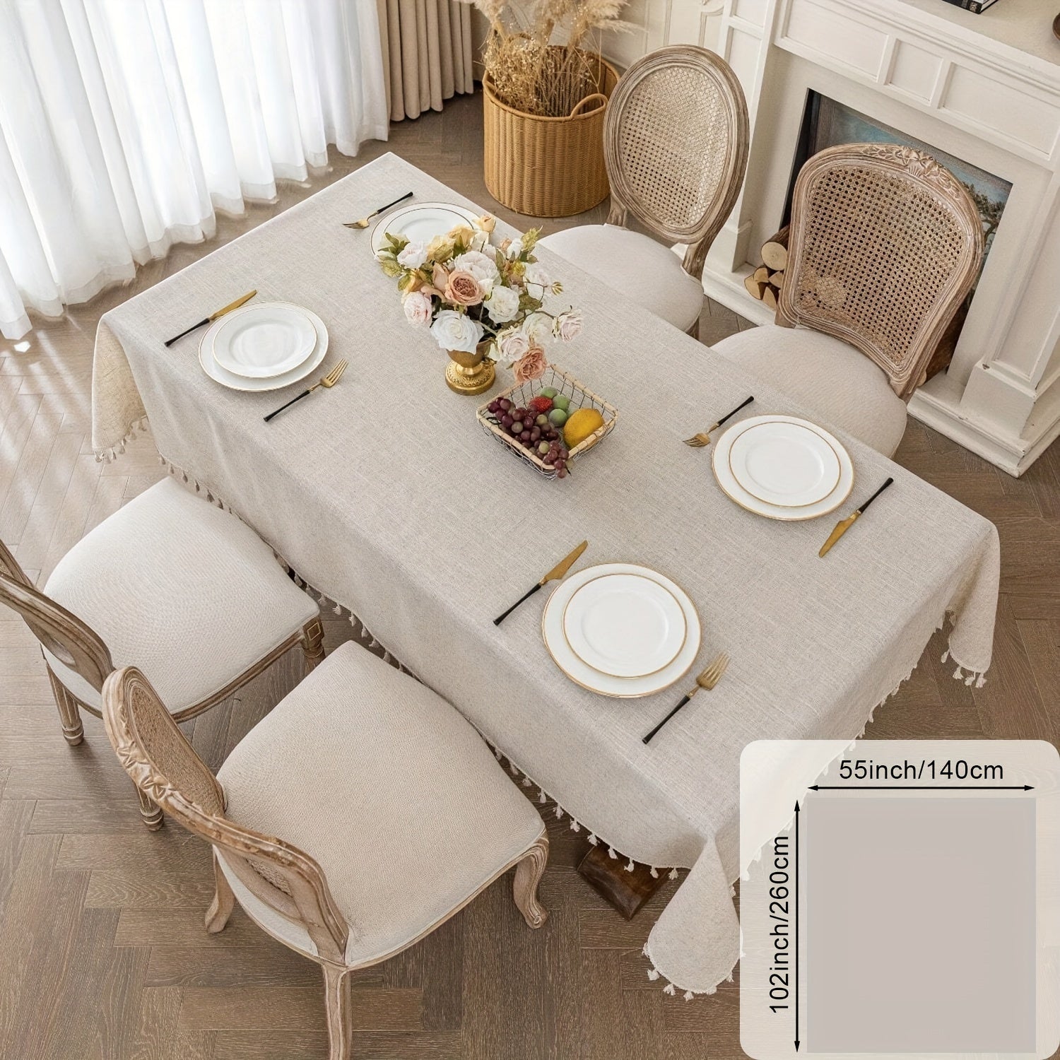 Polyester Cream Tassel Lace Tablecloth Khaki for Holidays and Parties