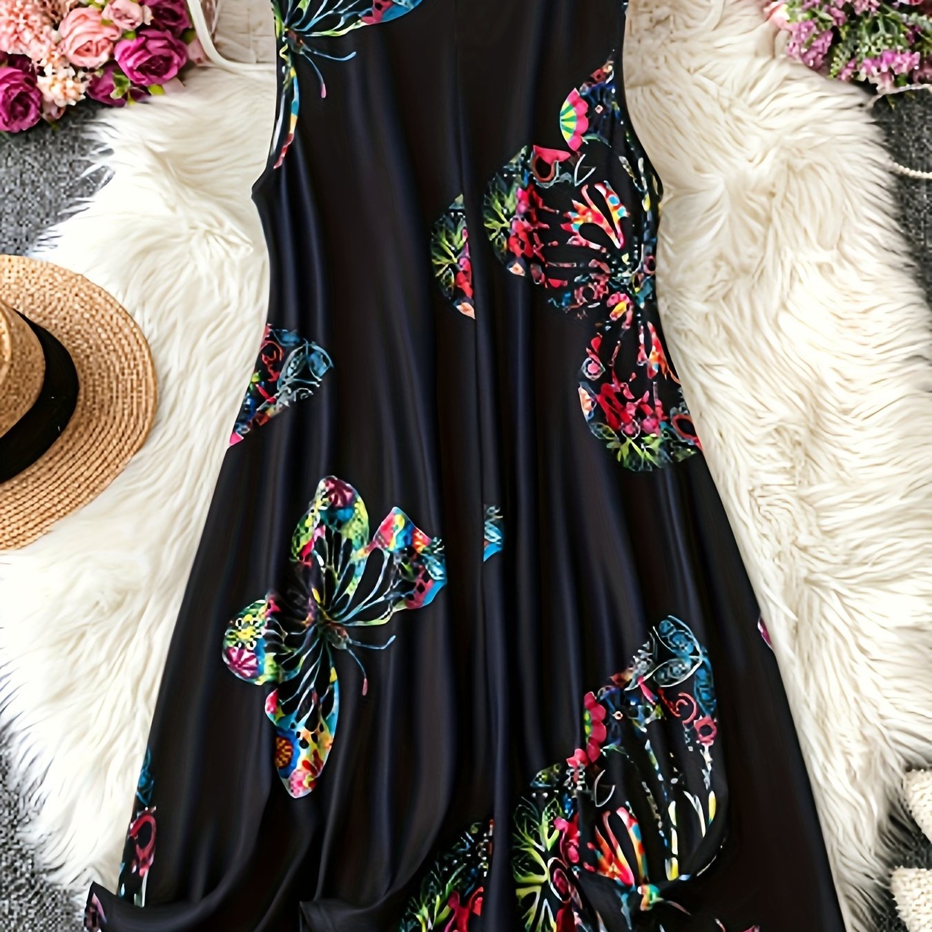 Летний платье-майка с бабочками и круглым вырезом, средняя эластичность, полиэстеровая вязка