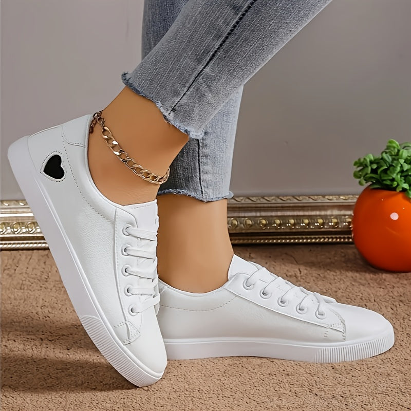 Women's White Casual Sneakers with Heart Pattern Breathable Fabric Rubber Sole