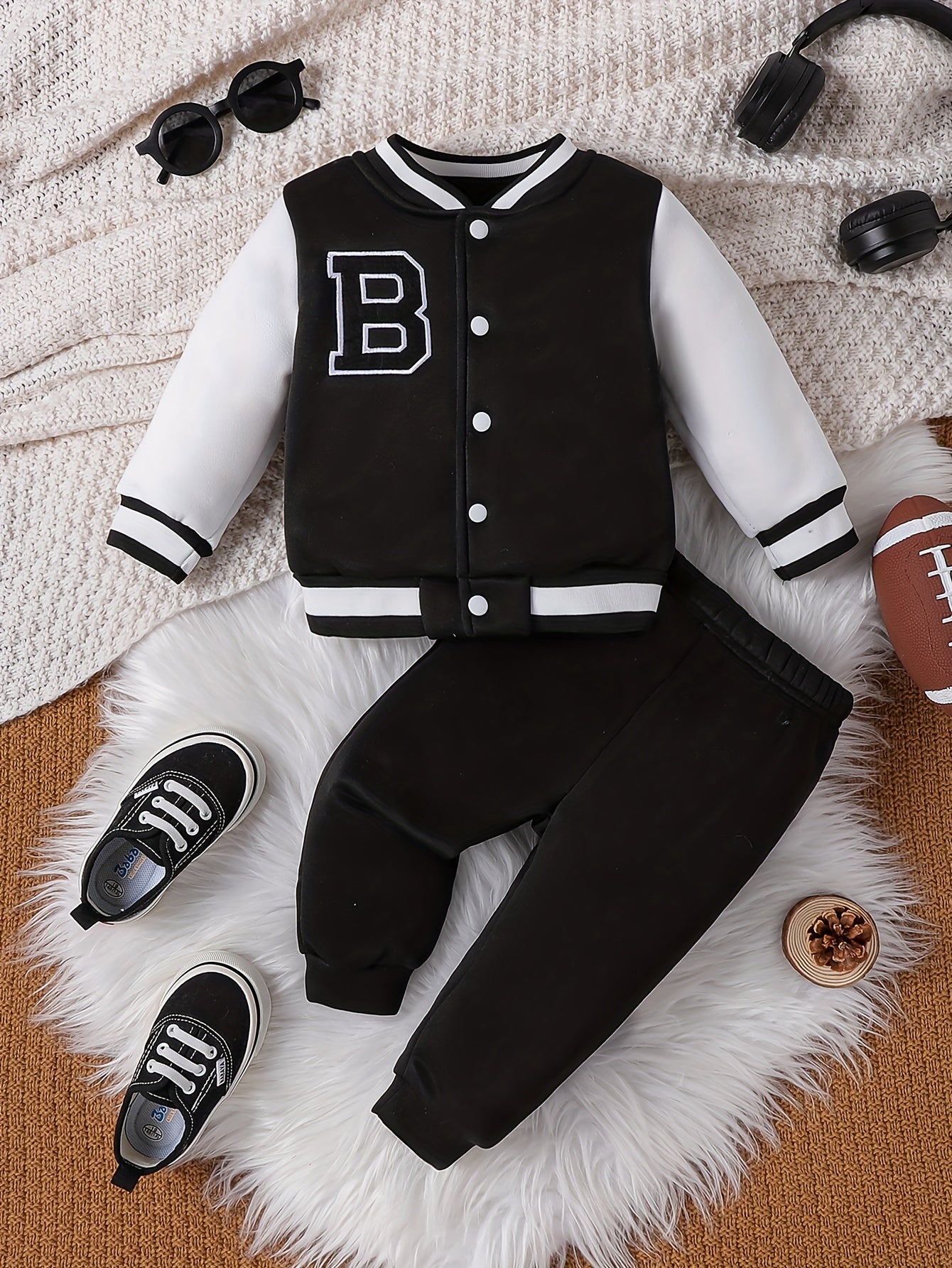 Baby Boys' Fall Winter Baseball Jersey Set with Letter Pattern Coat Top and Pants