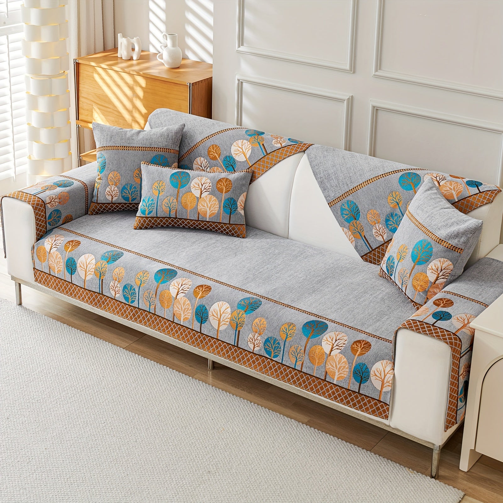 Boho Chic Jacquard Chenille Sofasi Qoplamasi Oygʻon Daraxt Mavzusi Boshqalar uchun Yoqimli Qattiq Yuvilishi Oʻz-oʻzidan yopishmaydigan Bardoshli Qalinlashtirilgan 4 oʻrindiqli kresloni mos keladi