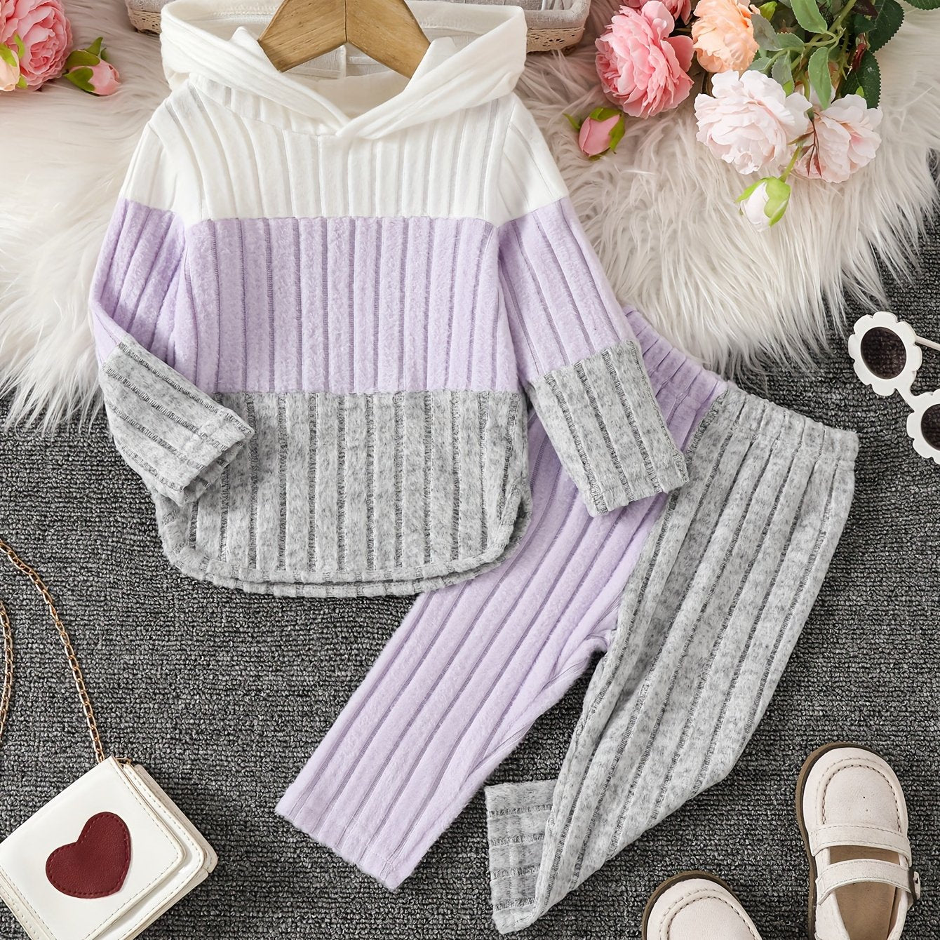 Girls' Hoodie and Pants Set in Blue and Gray with Long Sleeves and Stretchy Polyester Blend for Autumn and Winter