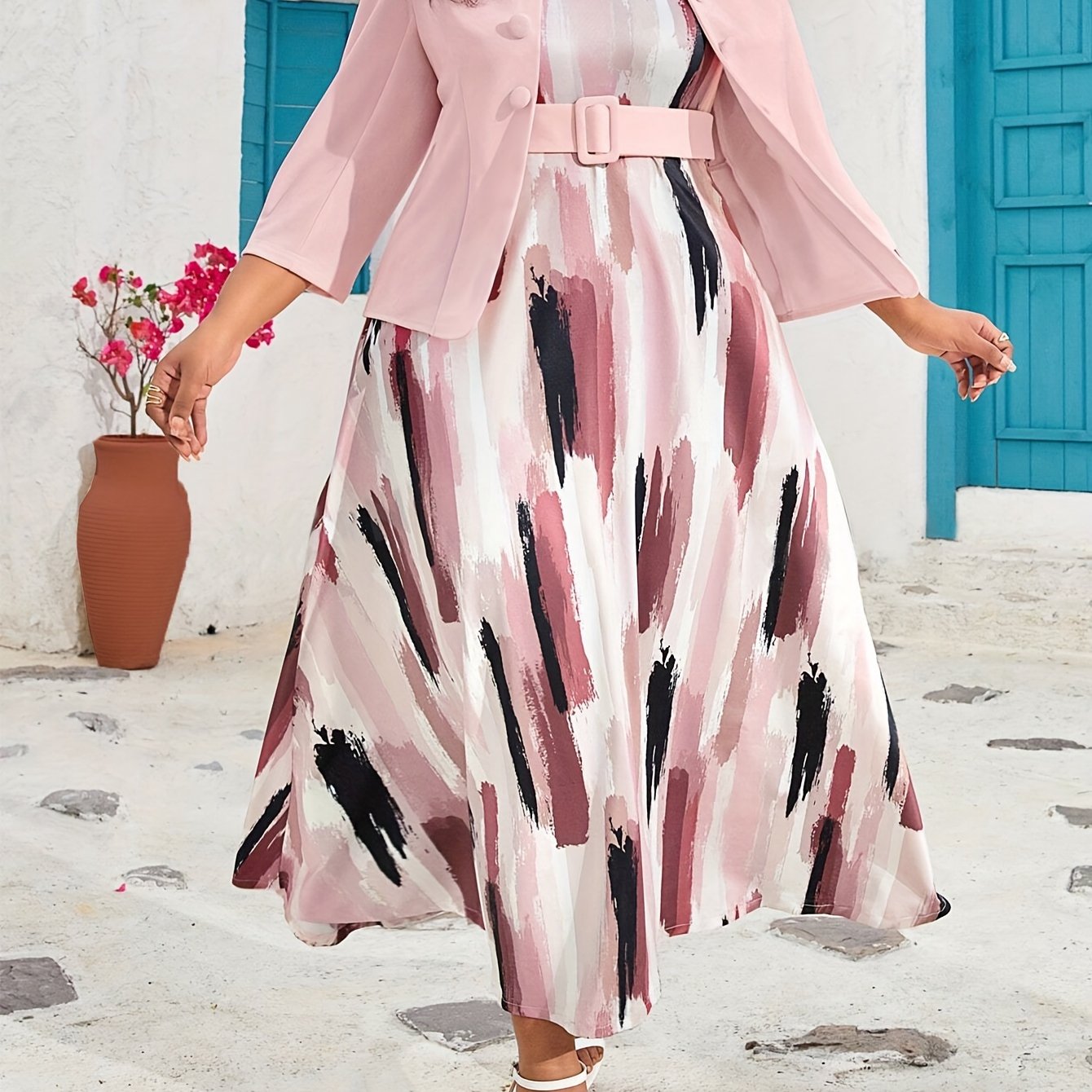 Plus-Size Pink Coat and Dress Set with Long Sleeves and Elegant Pattern