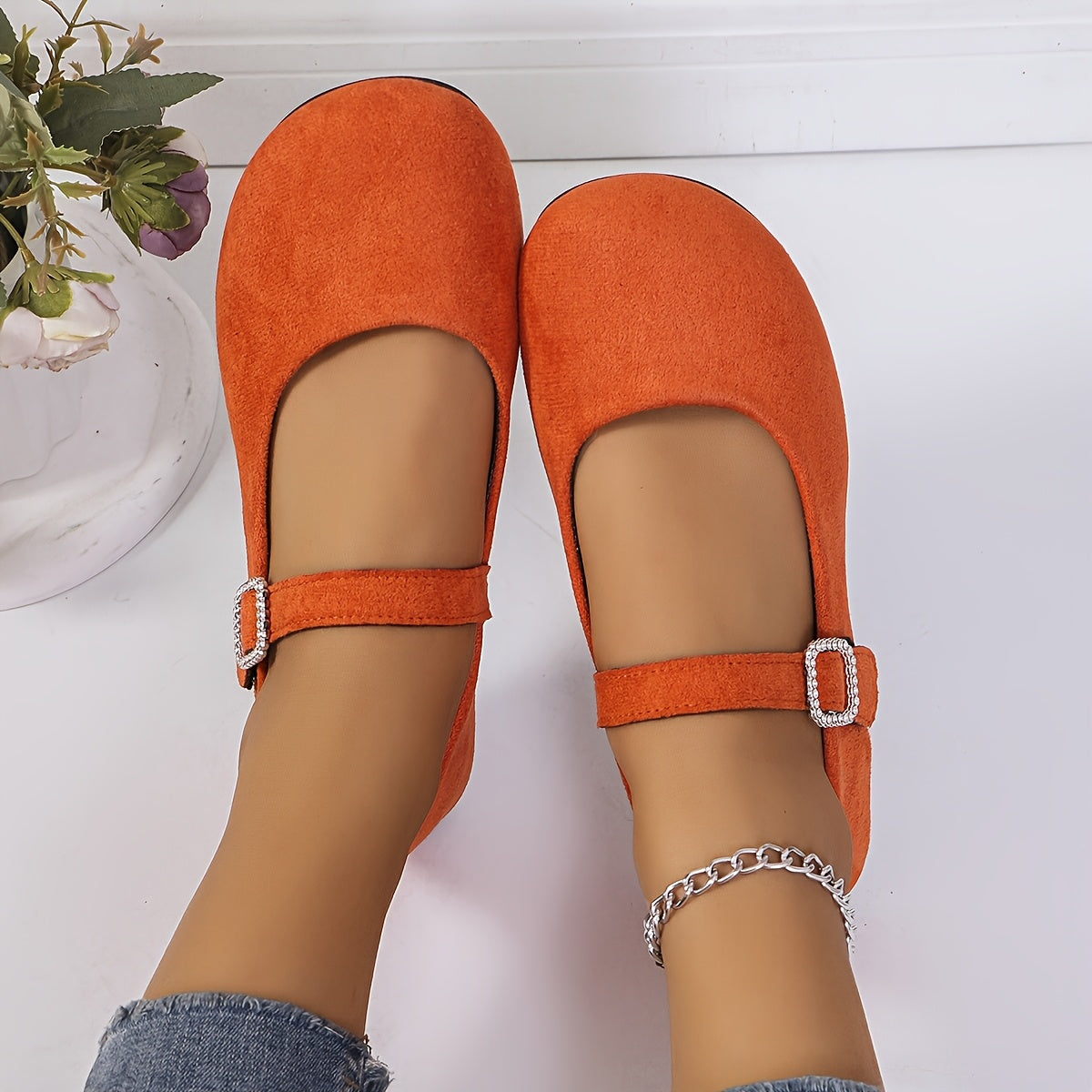 Ayollar Mary Jane tuflari, rhinestone tokchali, yashil, yengil fleece, qulay