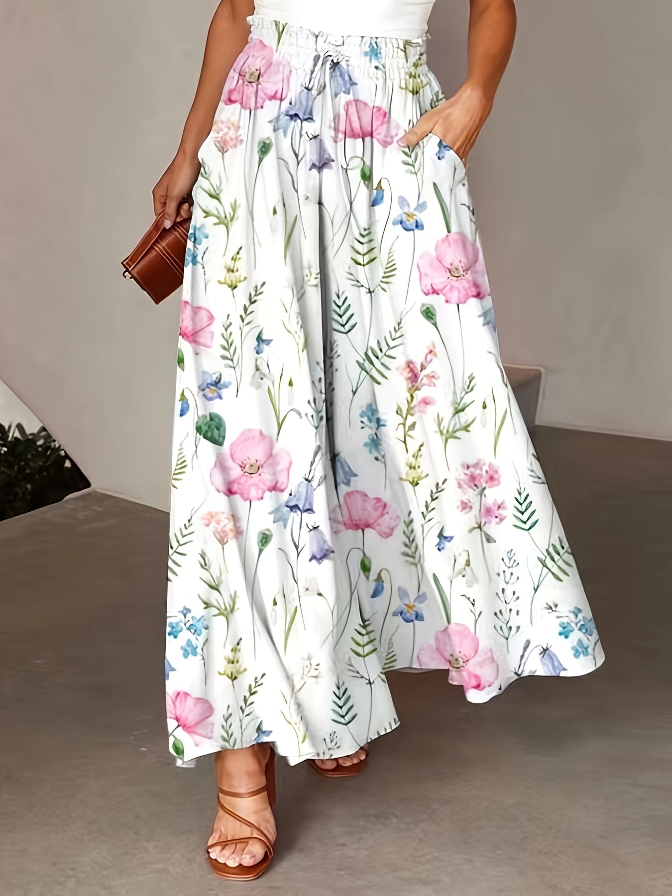 Pantalones anchos de flores para mujer verano ligeros sin elasticidad con volante y cinturilla con lazo