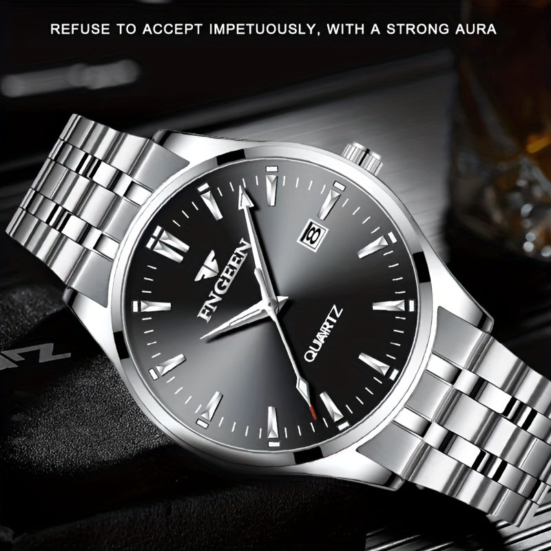 Erkaklar uchun kalendar funksiyali zamonaviy ish soati - nozik dizayn, ultra-ingichka Quartz harakati va zanglamaydigan po'latdan yasalgan tasma.