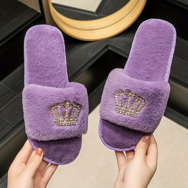 Women's Fuzzy Slippers Rhinestone Crown Indoor Non-slip Cozy Shoes