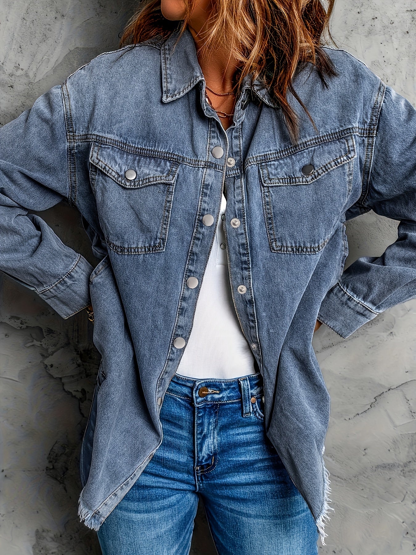 Women's Denim Long Sleeve Shirt with Frayed Hem Solid Color All Seasons