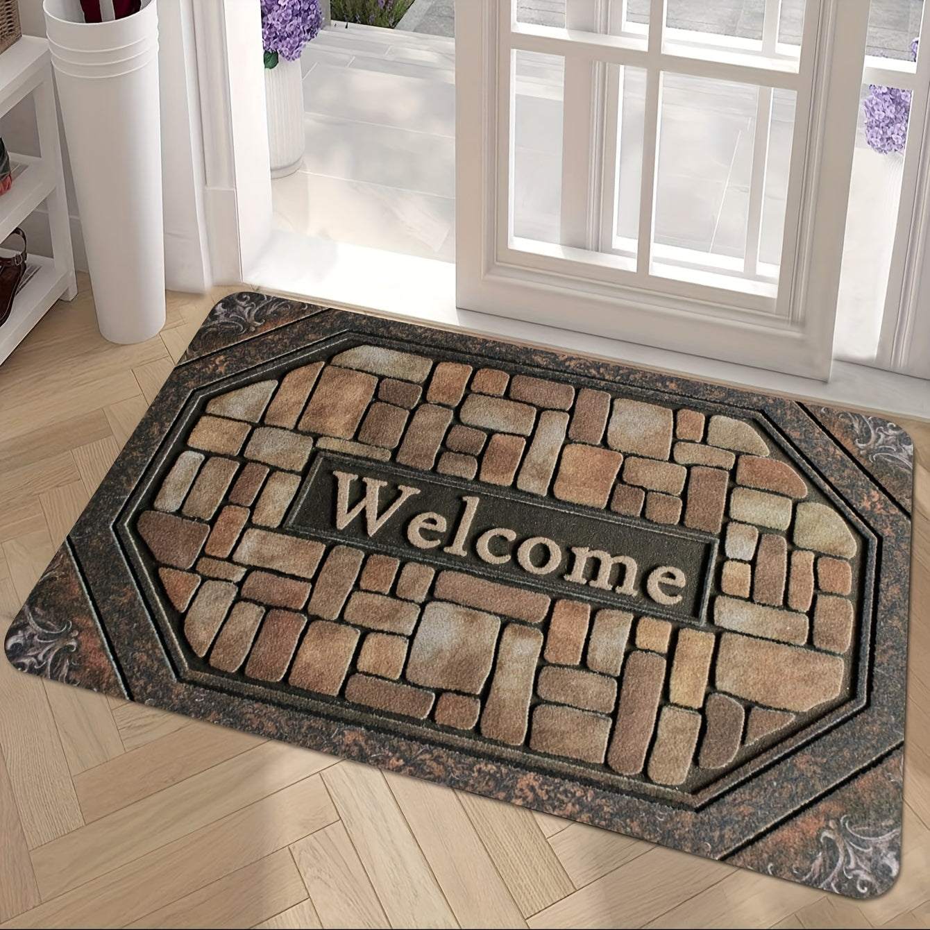 Polyester Welcome Doormat Non-Slip Rubber Backing Indoor Outdoor Rectangle Pebble Pattern