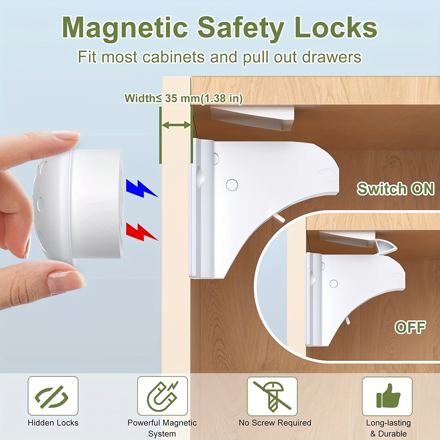 Child Safety Locks Set of 12 Magnetic Cabinet Locks with 2 Keys No Drilling Adhesive