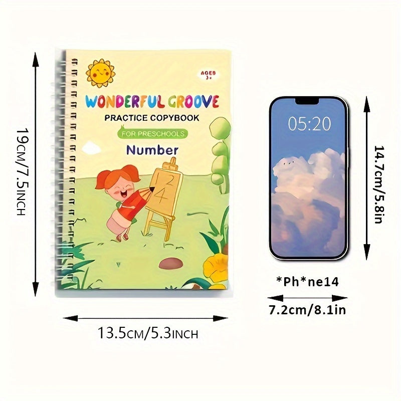 Libros reutilizables de caligrafía y escritura a mano para aprendizaje temprano, set de 4 para niños de 3+ años