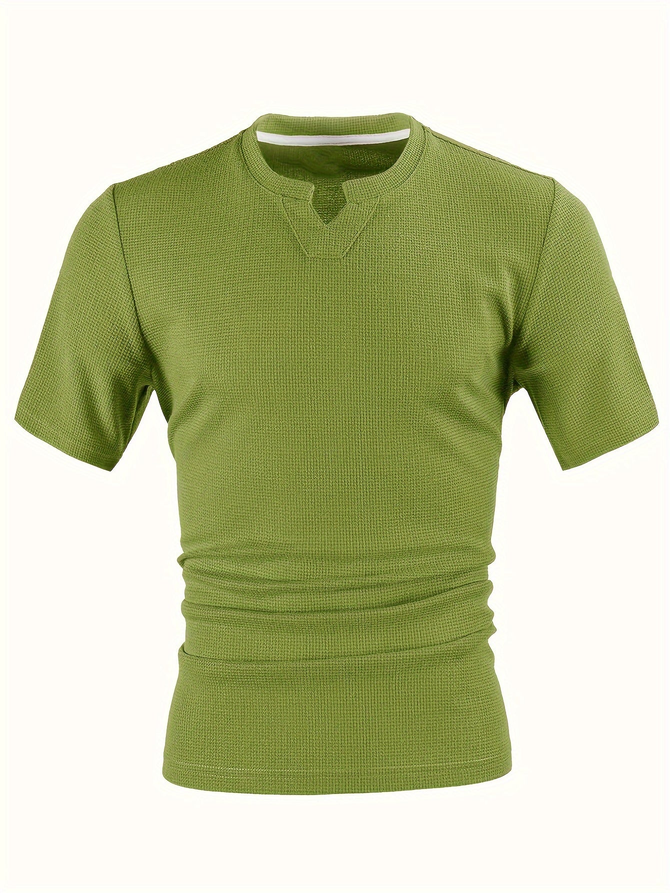 Erkaklar uchun tasodifiy V-yuvalangan trikotaj T-ko'ylagi, Silliq to'q sariq rangda, 100% polyester, mashinada yuvish mumkin, yozgi zaruriy.