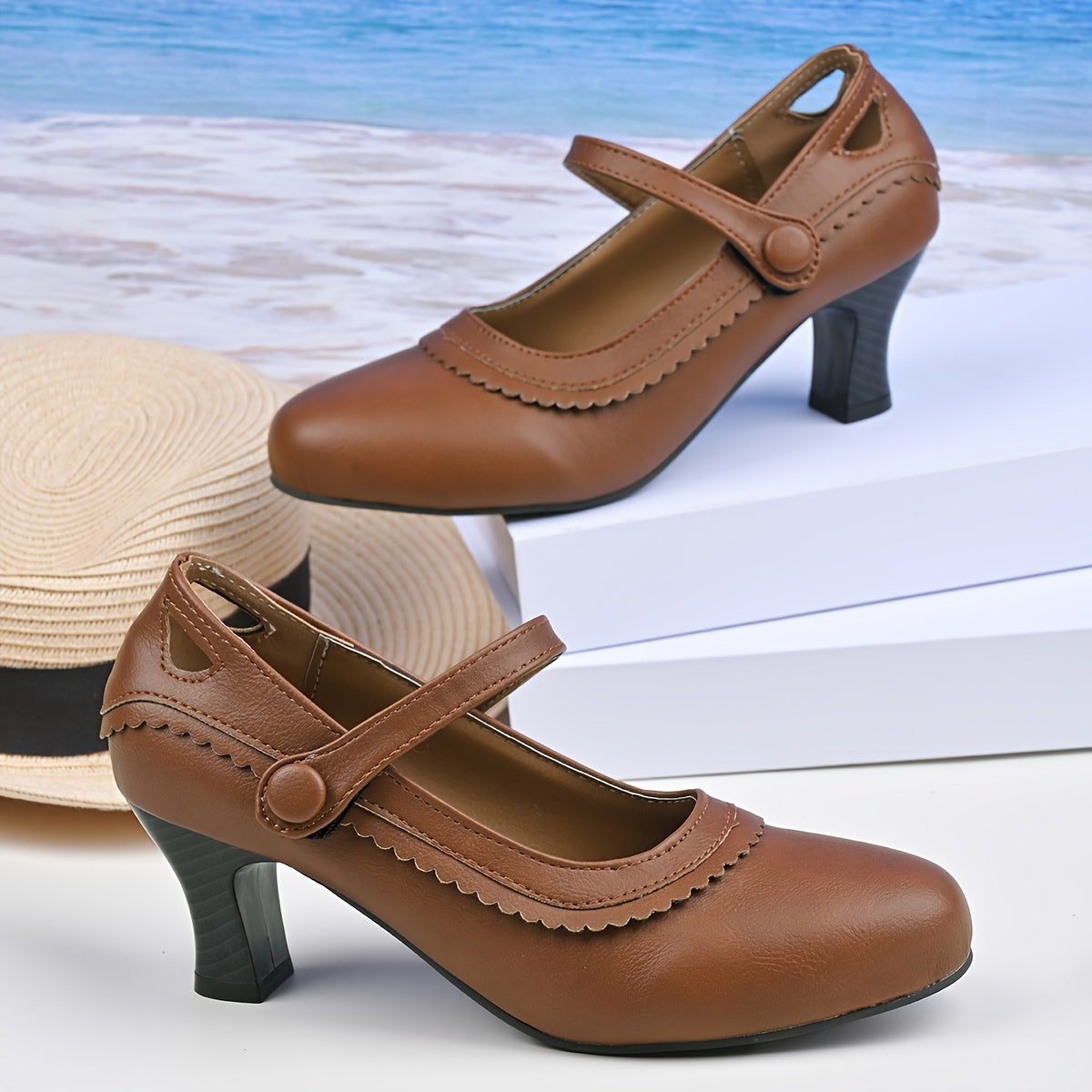 Women's Synthetic High Heel Shoes with Ankle Strap Brown Black Round Toe