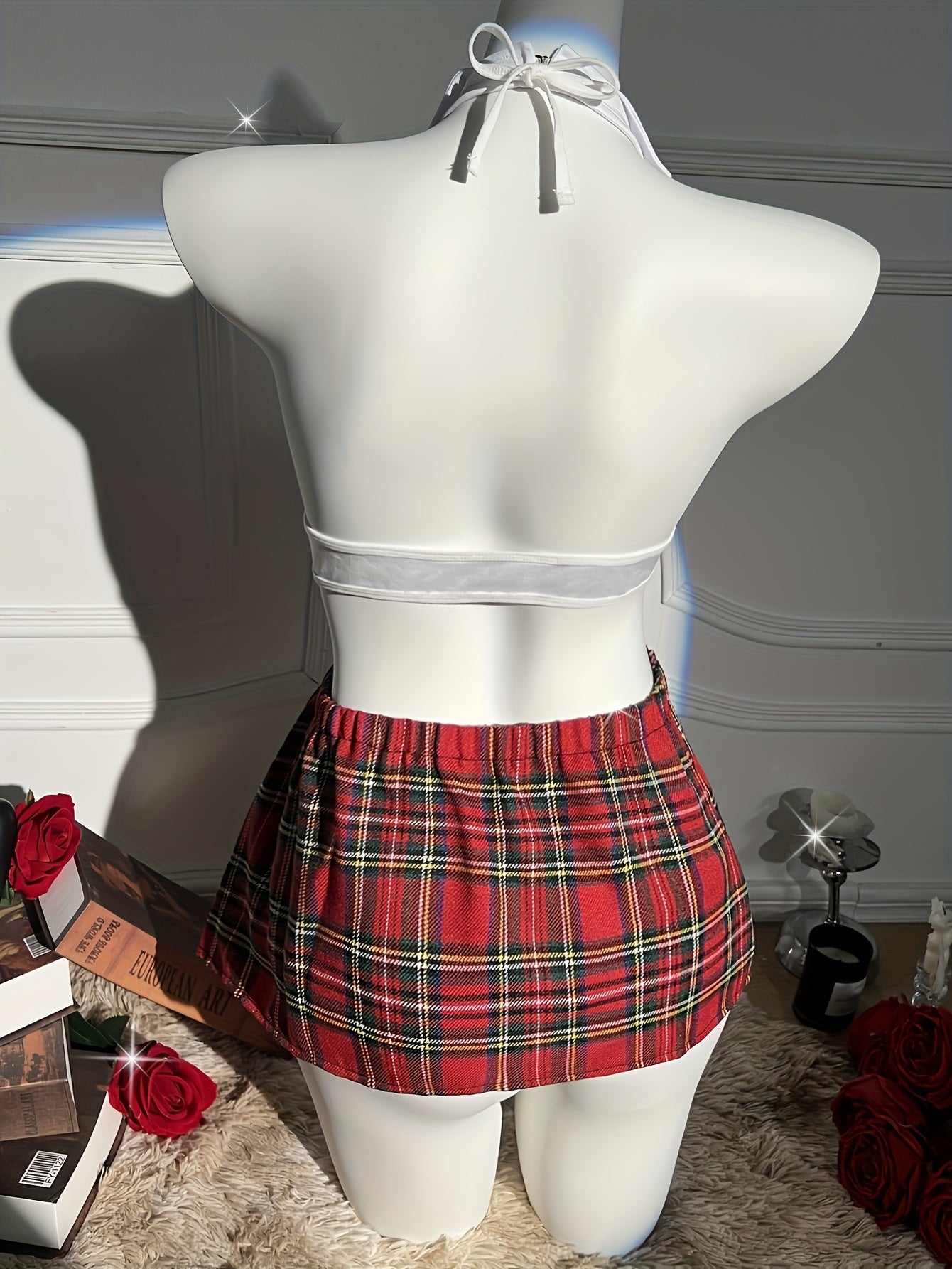 Women’s Plaid Lingerie Set with Crop Top Tie Thong and Skirt