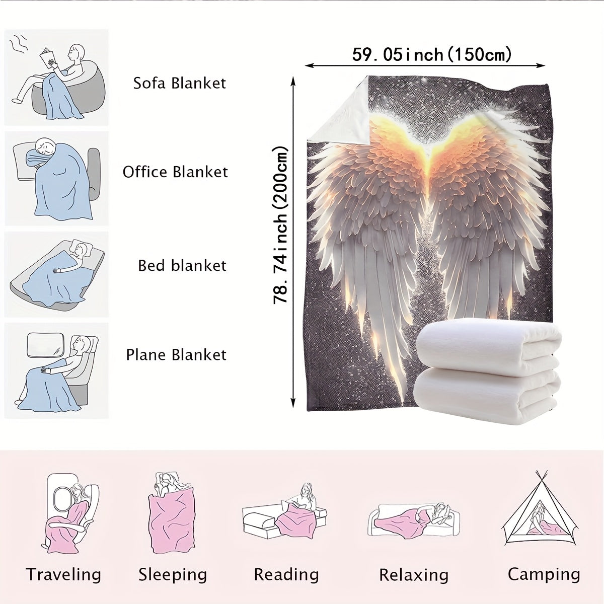 Glowing Wings Print Flannel Blanket Soft Cozy Polyester Throw for Sofa Bed Travel