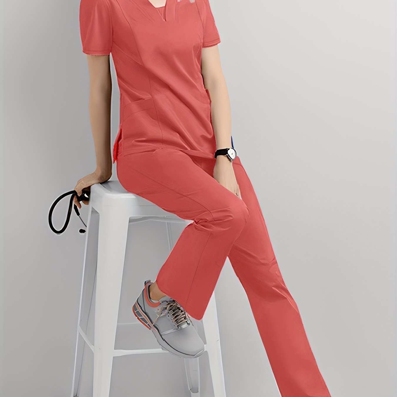 Women's Scrub Set V-Neck Top and Drawstring Pants Breathable Polyester Spandex Medical Uniform