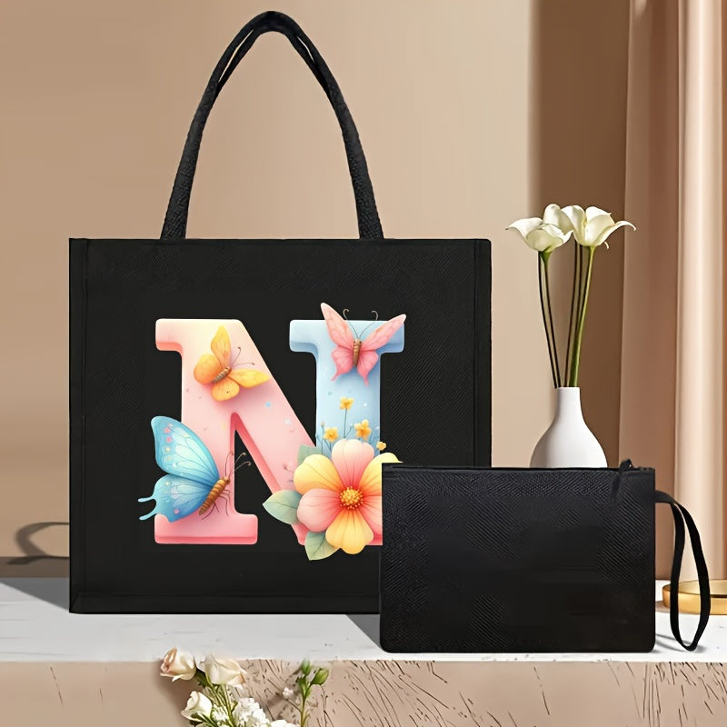 Set of 2 Floral Letter Print Canvas Tote Bags Large Handbag with Clutch Pouch