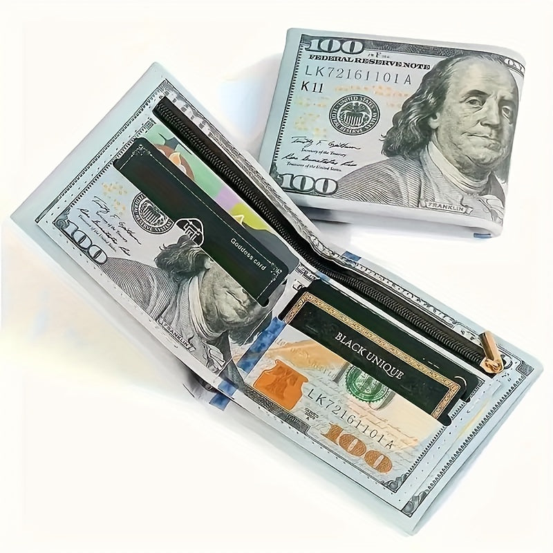 Men's Vintage PU Leather Wallet with Dollar Bill Design and Zipper Coin Pocket