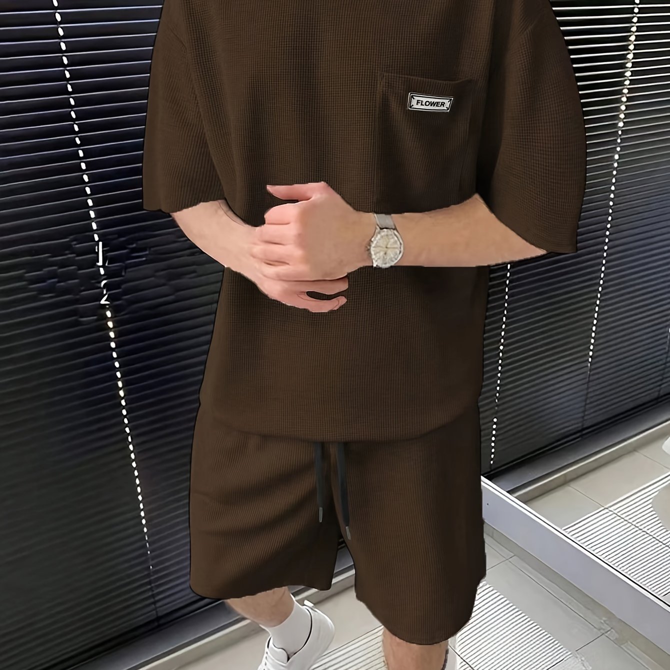 Men's Summer Casual Polyester Knit Shorts Sports Suit Solid Color Crew Neck Regular Fit