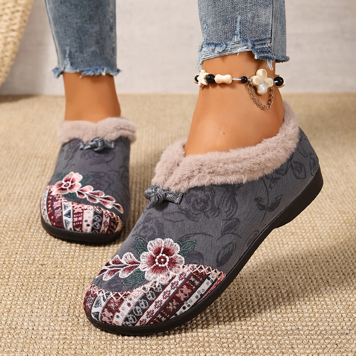 Women's Ankle Boots Winter Warm Anti-Slip Floral Short Shoes
