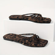 Ladies' Brown Leopard Print Flat Sandals Summer Beach Flip Flops