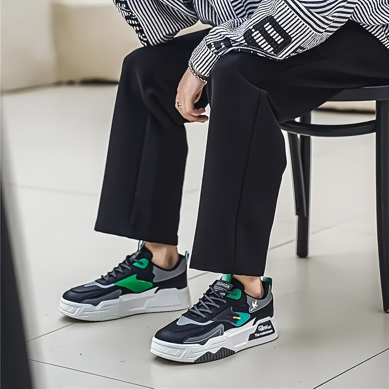 Men's Casual Sneakers with Thick Soles, Lace-Up, All-Season, Low Top, PU Upper