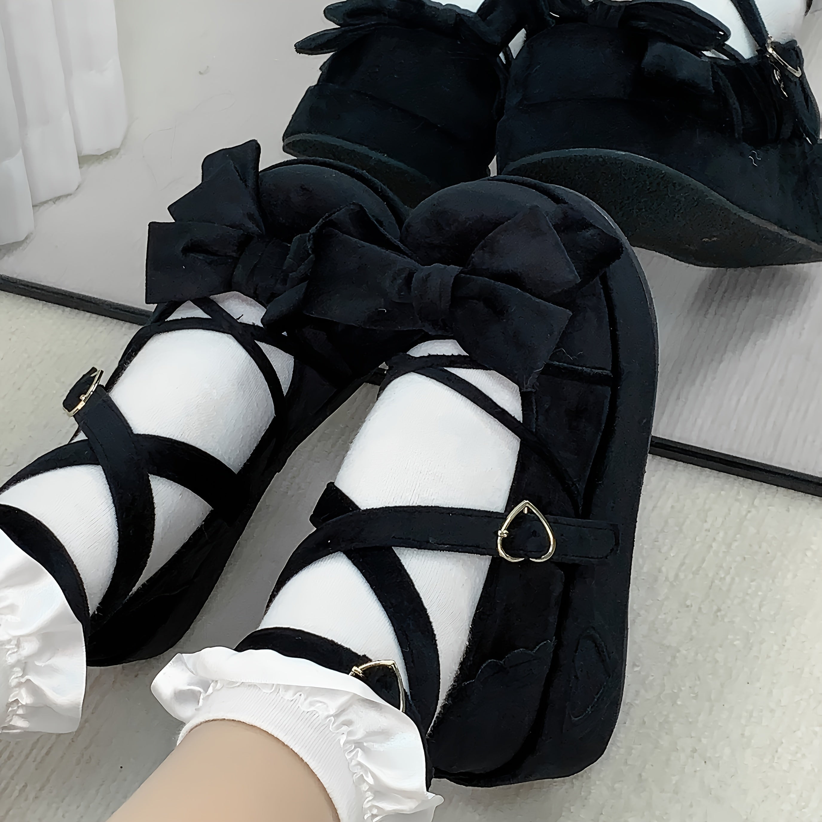 Women's Flannel Mary-Jane Shoes with Bow Round Toe Puncture Resistant All-Season Comfort