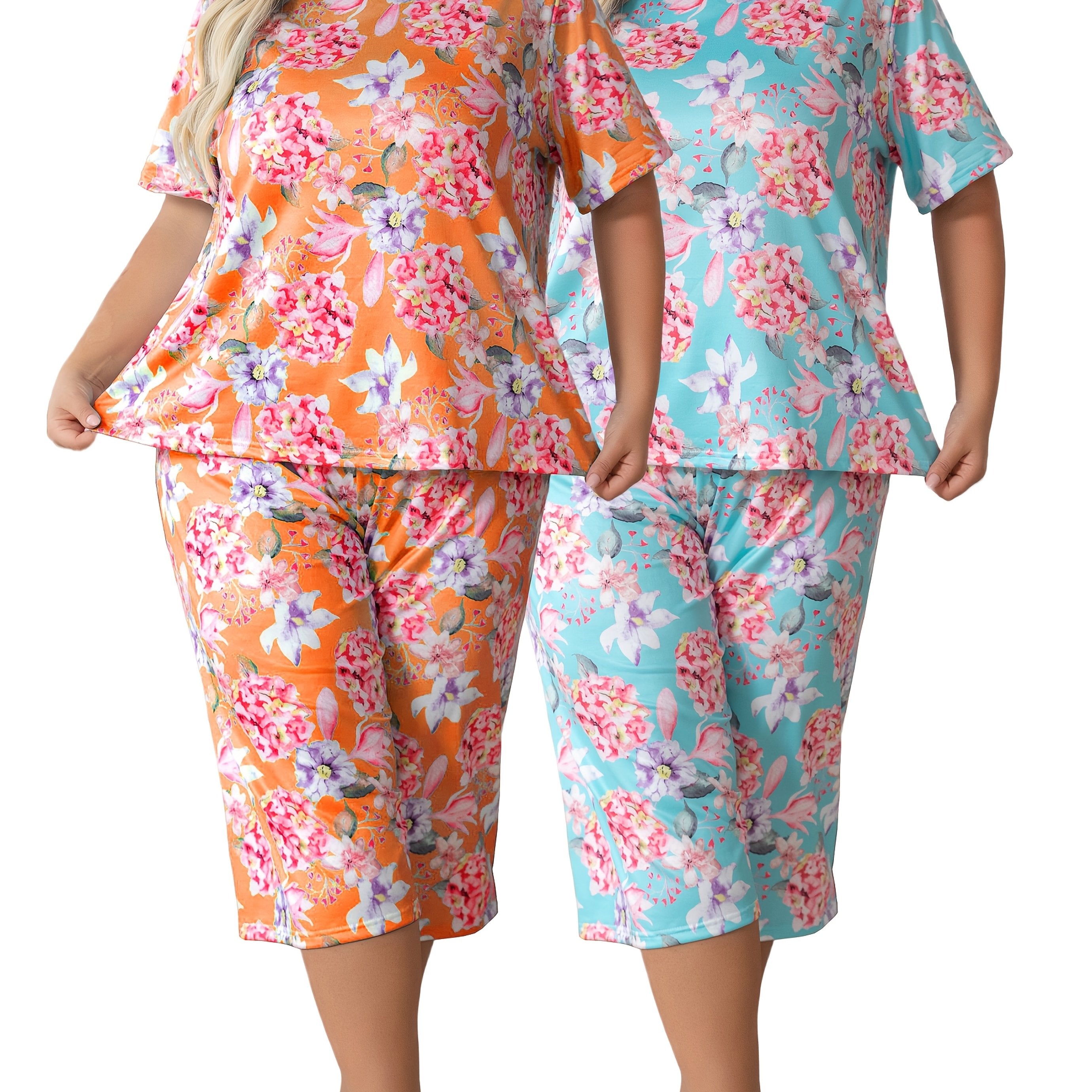 Plus-Size Floral Print Short-Sleeve and Three-Quarter Loungewear Set Comfortable