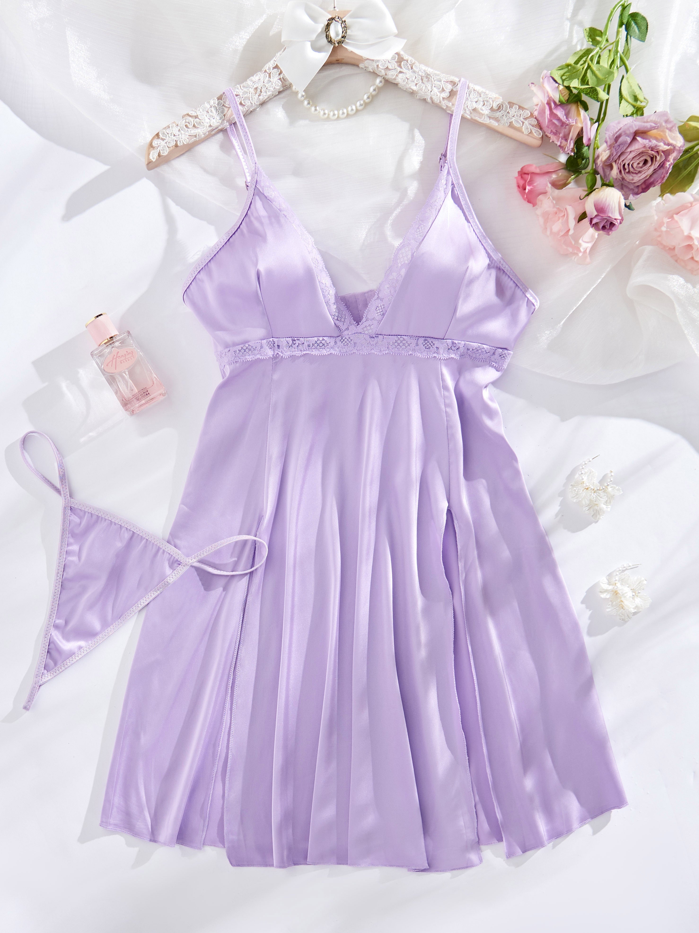 Plus Size Purple Satin Garter Skirt Lingerie Set with Thong