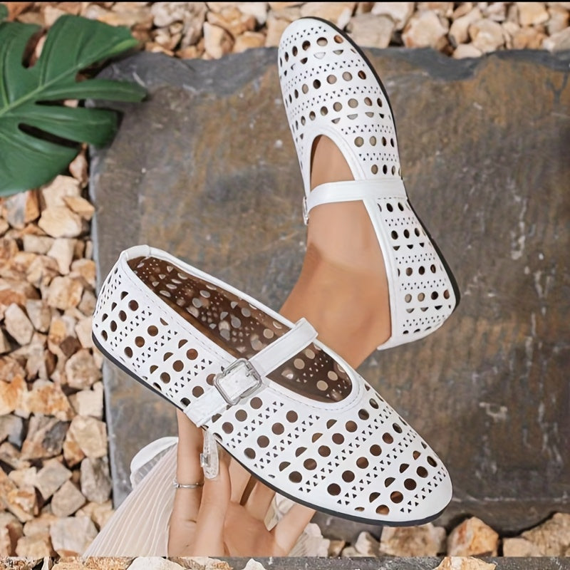 Women Breathable White Mary Jane Flats with Buckle Non-Slip Sole