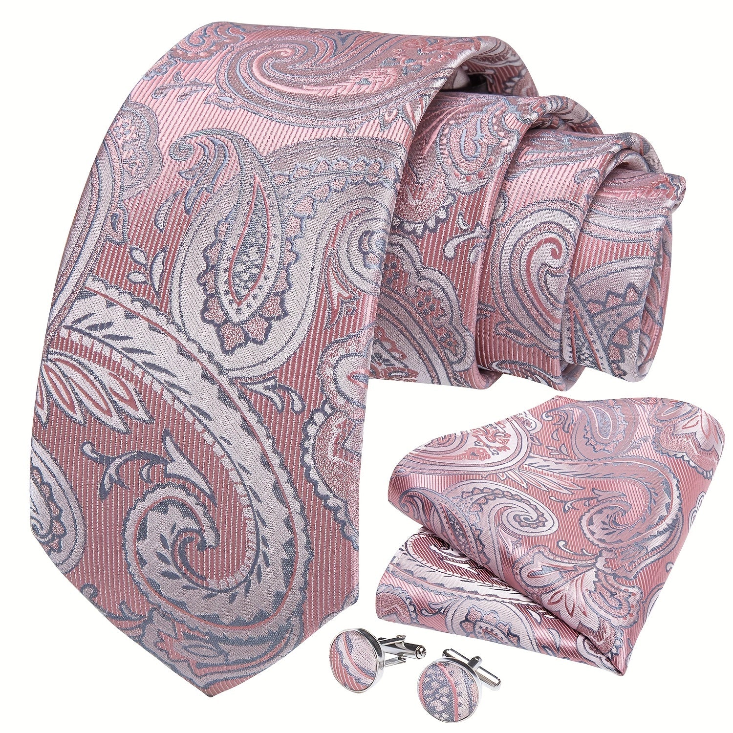 Stylish Men's Pink Patterned Tie Set with Pocket Square, Hanky, and Cufflinks - Perfect for Weddings or as a Gift