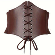 Women's Brown Lace-Up Corset Belt with Mesh Overlay and Zipper Closure for Dresses and Casual Wear