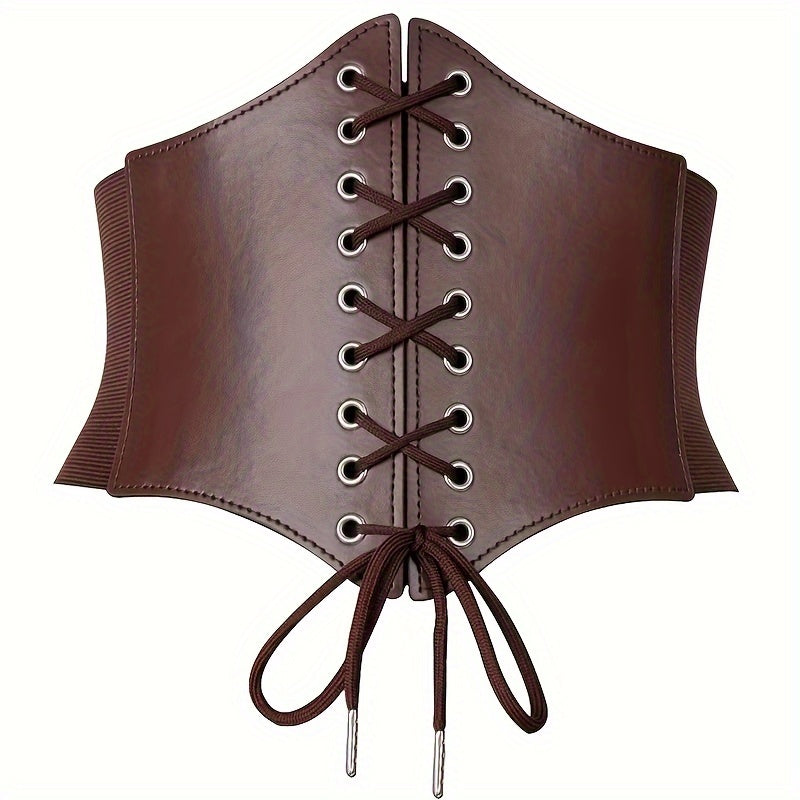 Women's Brown Lace-Up Corset Belt with Mesh Overlay and Zipper Closure for Dresses and Casual Wear