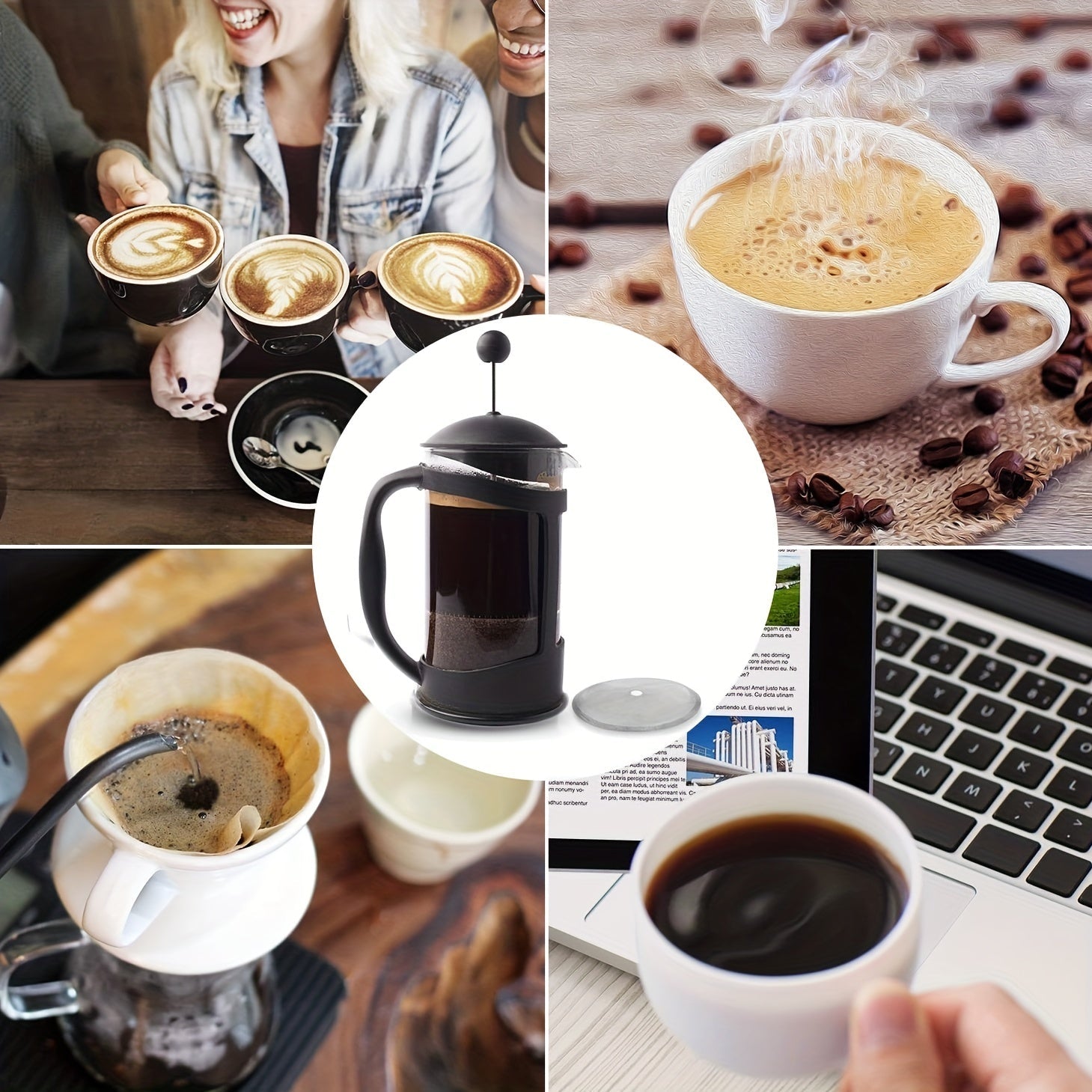 3-Piece Stainless Steel French Press Filter Set for 8-Cup Coffee Tea Makers