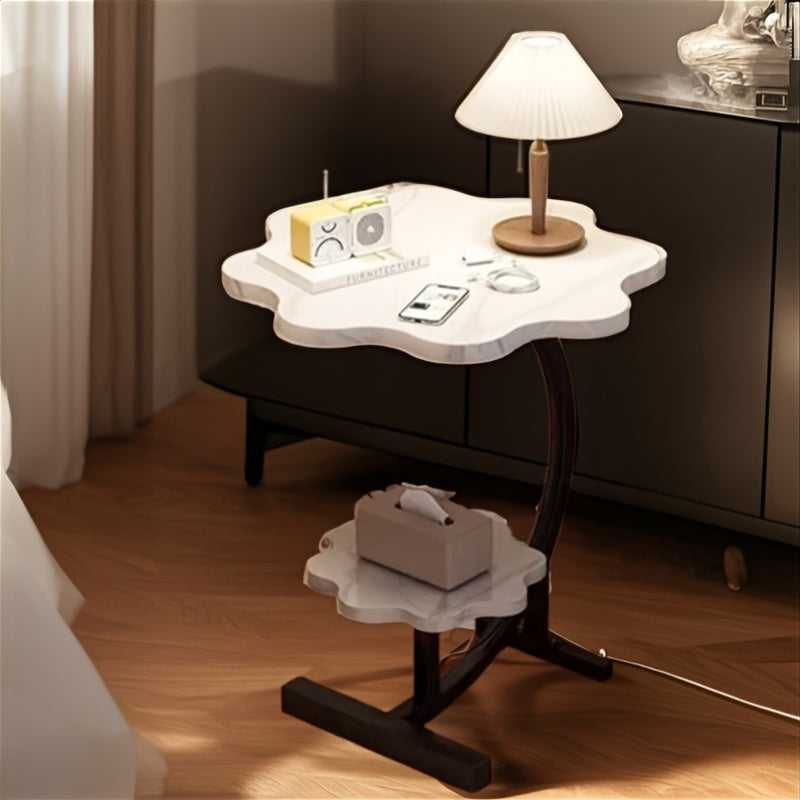 Mesa lateral en forma de pétalo de madera y metal, estilo art déco, doble capa, para sala de estar y dormitorio