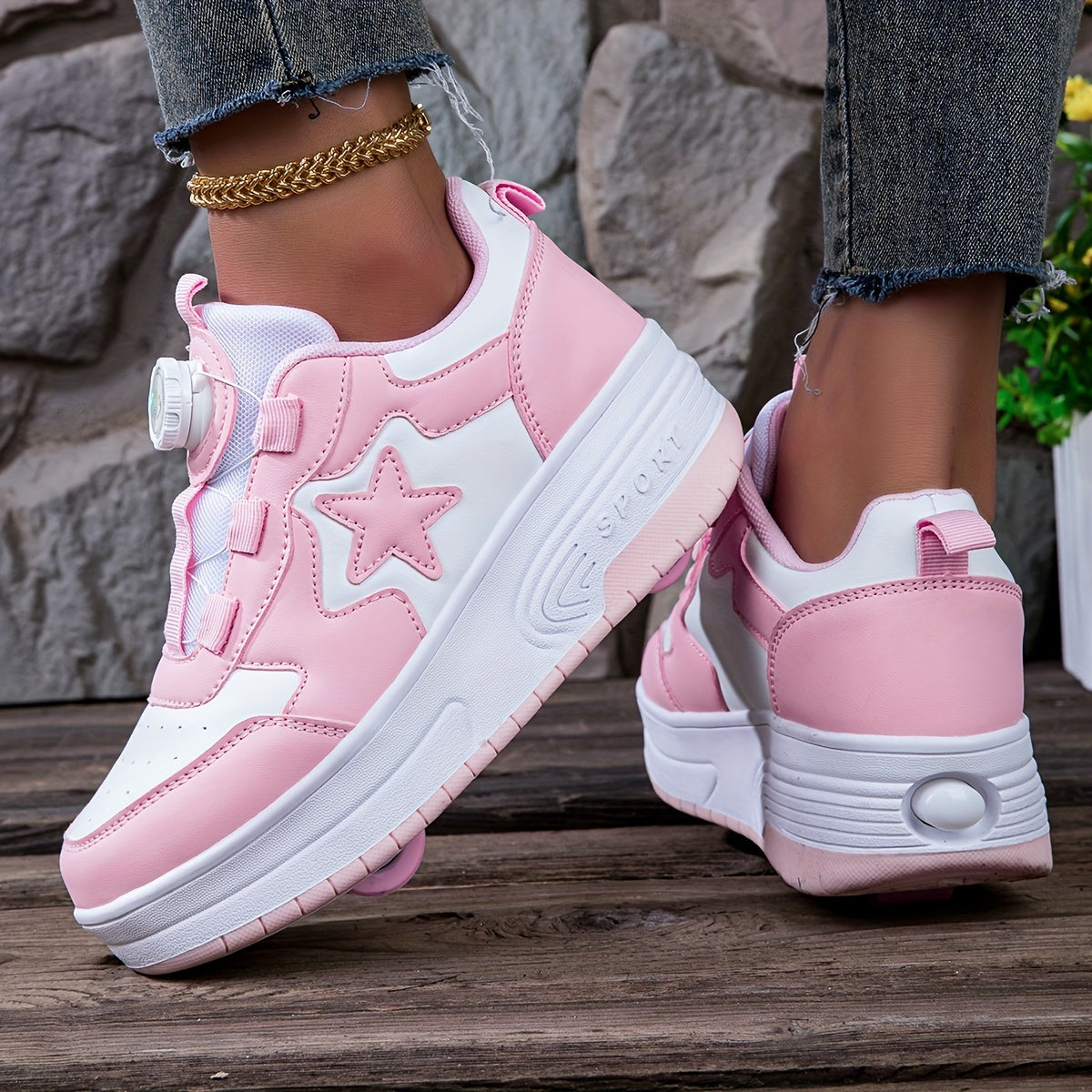 Girls Pink White Roller Skate Sneakers Removable Wheels Heart Design Sports Training