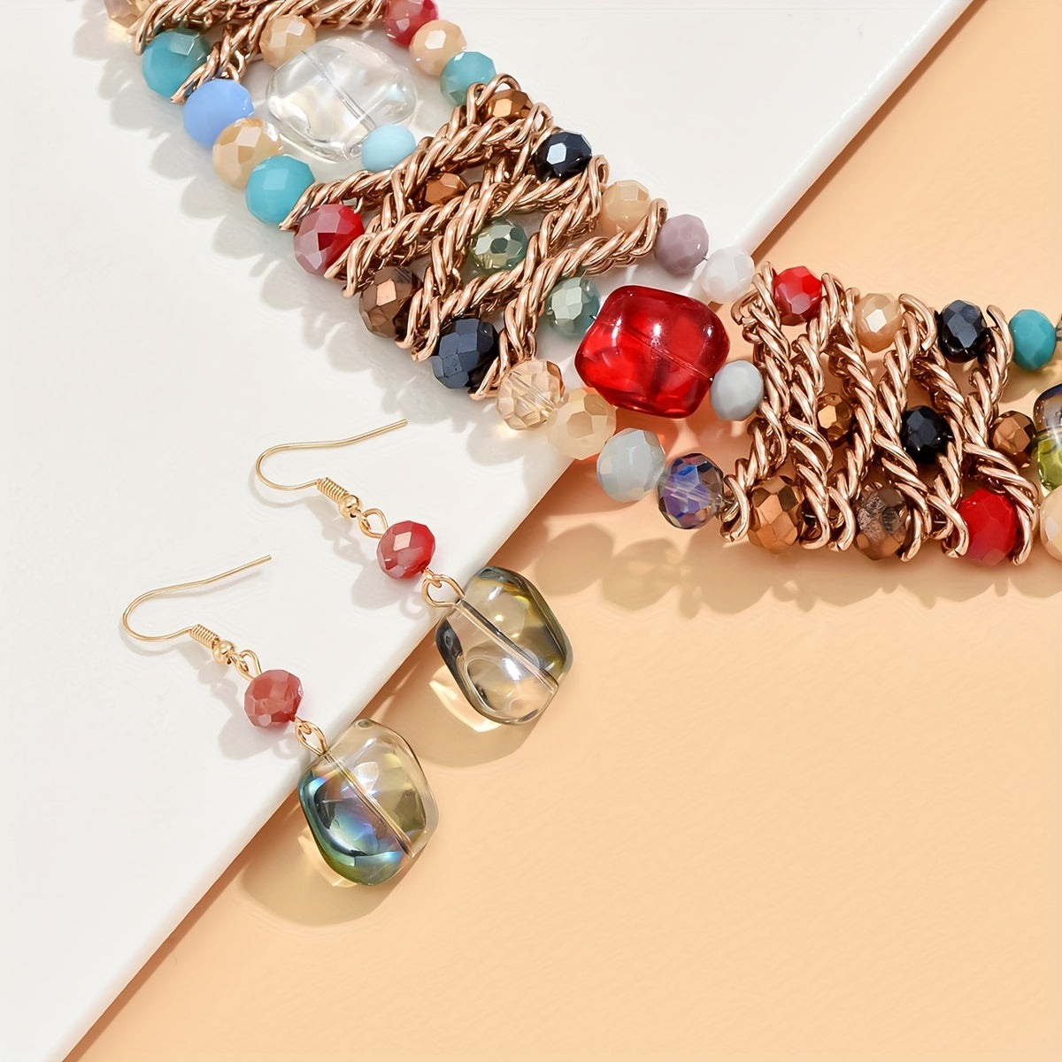 Boho Style Jewelry Set with Dangle Earrings and Colorful Faux Inlay for Daily Wear