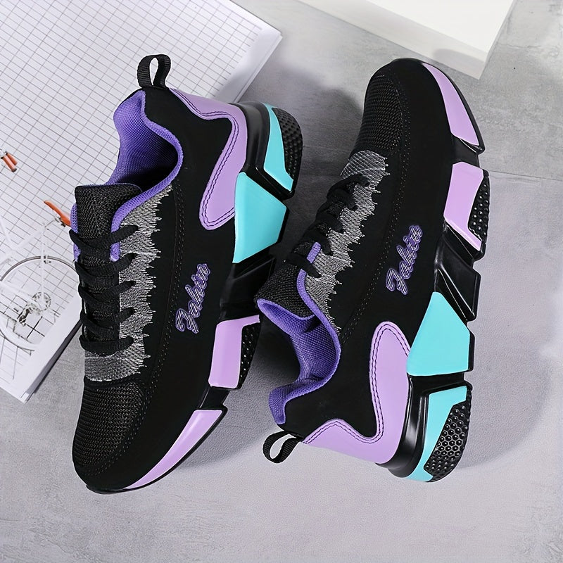 Women's Colorblock Mesh Sports Shoes Low Top Running Sneakers Breathable Casual Lace-Up