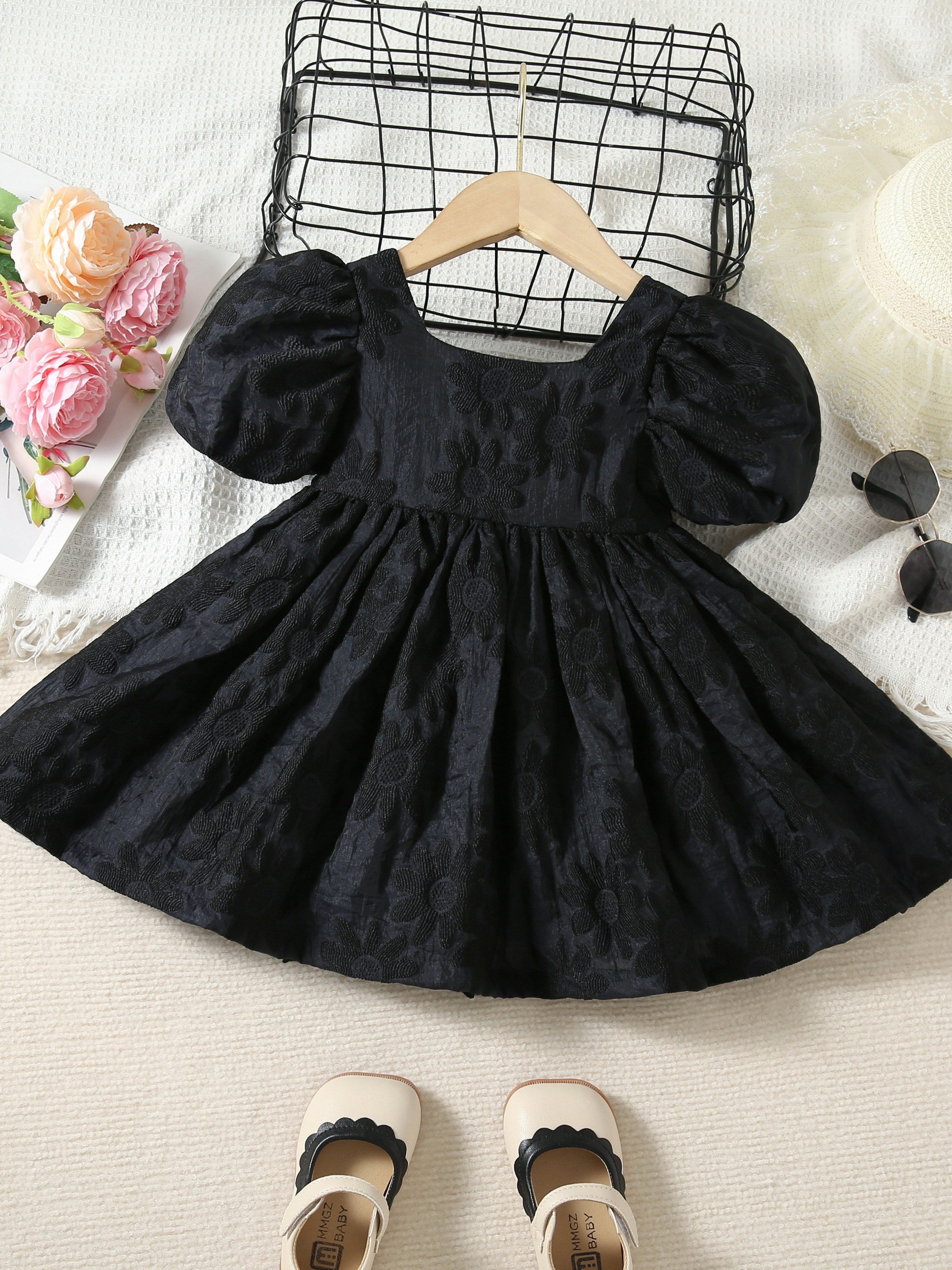 Girls Summer Dress Knee High Puff Sleeve Solid Color Bow Decoration Lightweight Dress
