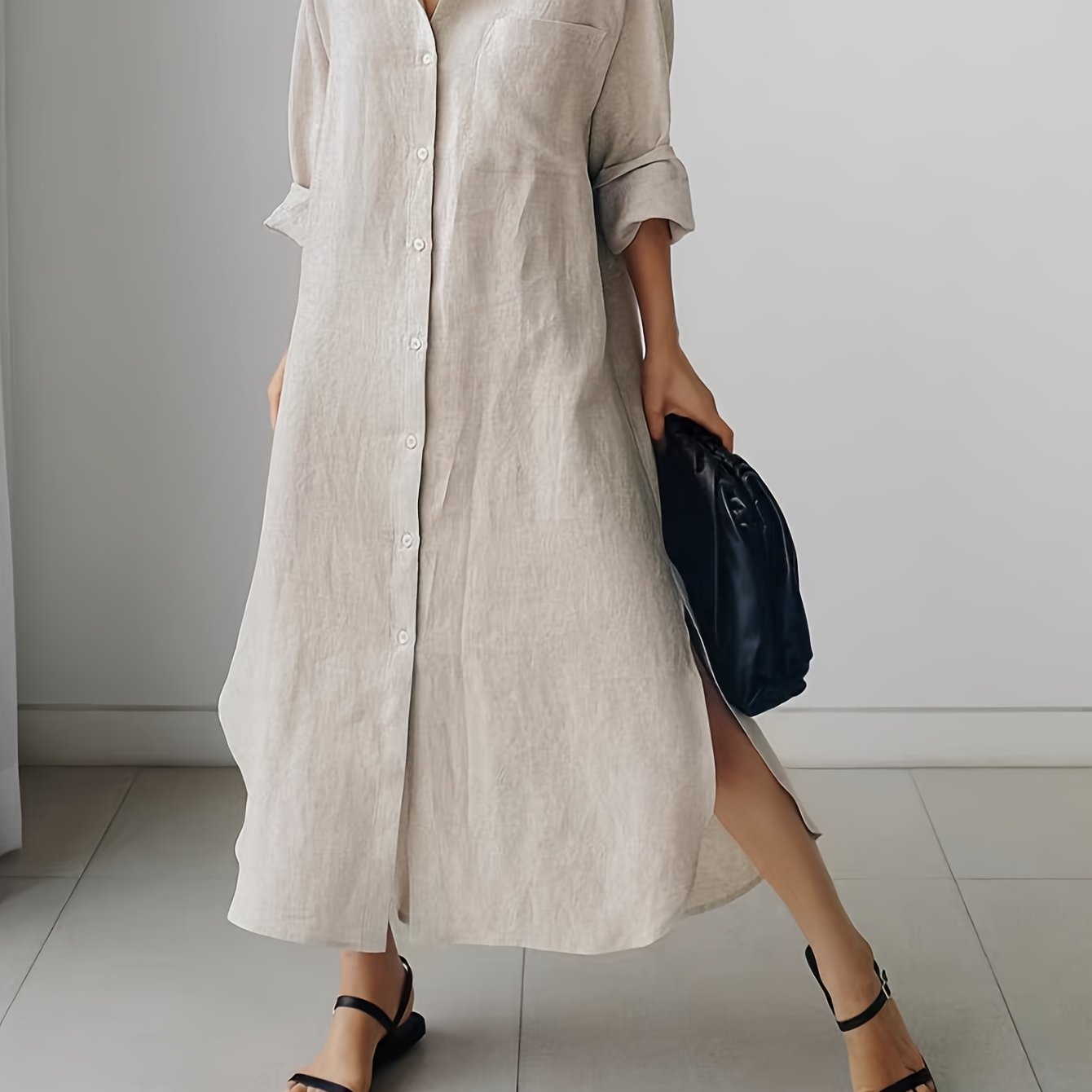 Women's Cotton Long Sleeve Shirt Dress with Split Button Design for Casual Outings