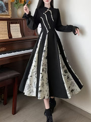 Women's Long Cheongsam Dress Lantern Sleeve Polyester Flared Party Holiday