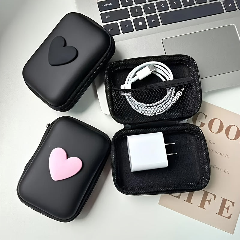 Estuche para auriculares y cargador de cuero PU en forma de corazón con cremallera y organizador de cables