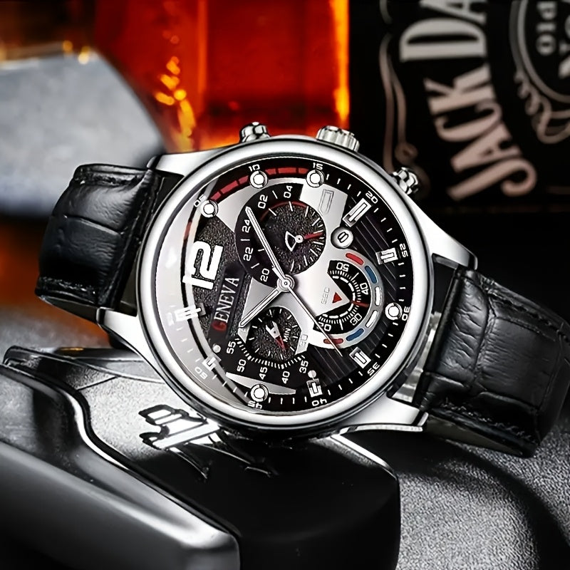 Men's Quartz Business Watch Set Alloy Case Faux Leather Strap Non-Rechargeable Battery