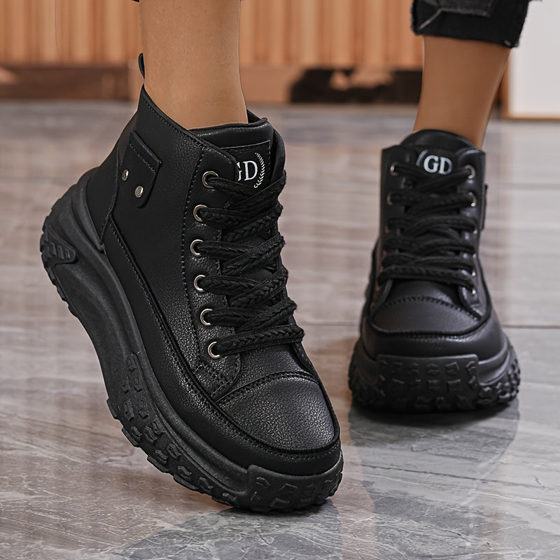 Women's Black PU Cover Platform Sneakers with Thick Sole and Zipper