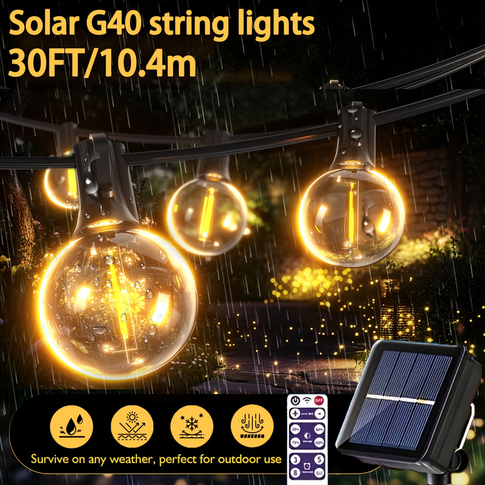 Remote bilan Solar G40 String Lights, LED Globe Patio Lights, Shatterproof Bulbs, Bir nechta yoritish rejimlari, Remote boshqaruv, Partiyalar uchun Dimmable Osilgan Chiroqlar, Tashqarida ishlash uchun Quyosh energiyali